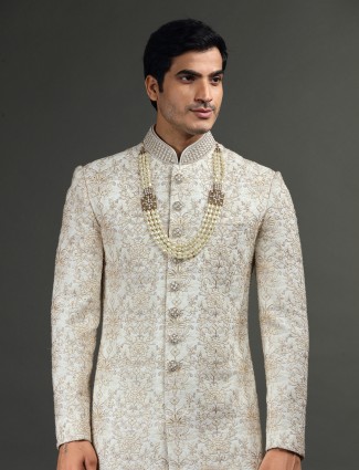 White georgette groom wear sherwani 