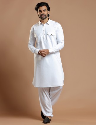 White men festive events cotton silk plain pathani suit