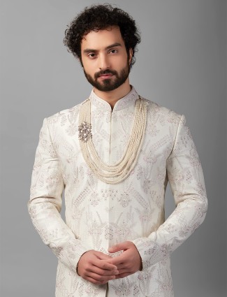 White raw silk embroidery sherwani for wedding