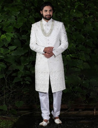 White raw silk wedding sherwani