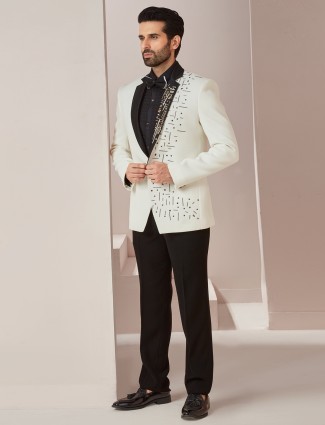 White textured terry rayon coat suit for men