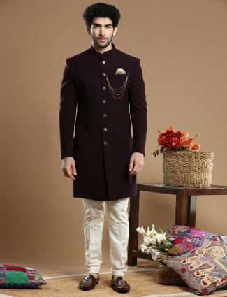 Men Wine Hue Terry Rayon Wedding Wear Indowestern