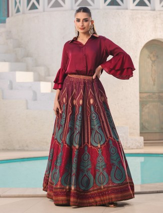 Wine raw silk printed shirt with lehenga