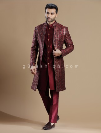 Maroon silk indowestern for wedding wear