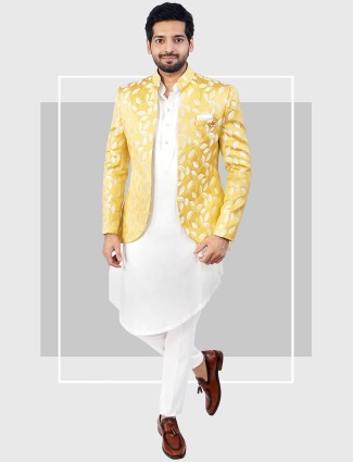 Yellow and white jacquard indowestern for men