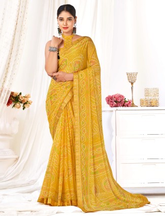 Yellow chiffon bandhani printed saree