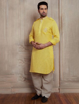 Yellow linen pathani suit