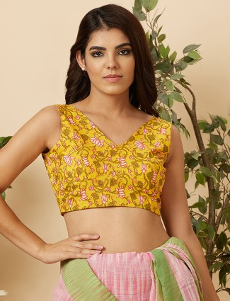 Yellow floral printed cotton blouse