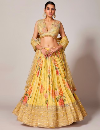 Floral printed silk lehenga choli in yellow