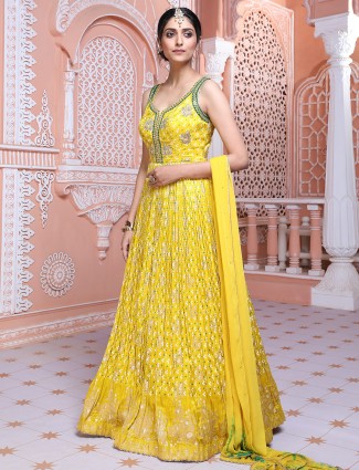 Printed yellow anarkali suit in silk