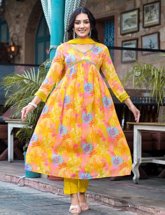 Yellow printed silk kurti set with dupatta