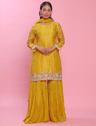 Yellow tissue silk sharara suit